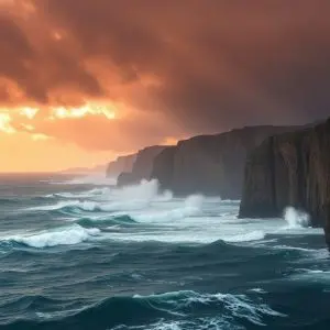 Costa de Galicia con oleaje y cielo de tormenta con tonos de calima