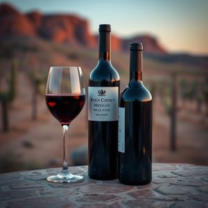 Botella y copa de vino tinto mexicano con viñedo desértico al fondo