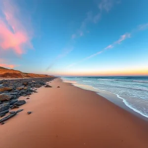 El mar de ardora ilumina A Lanzada mientras Ons amanece teñida de rojo