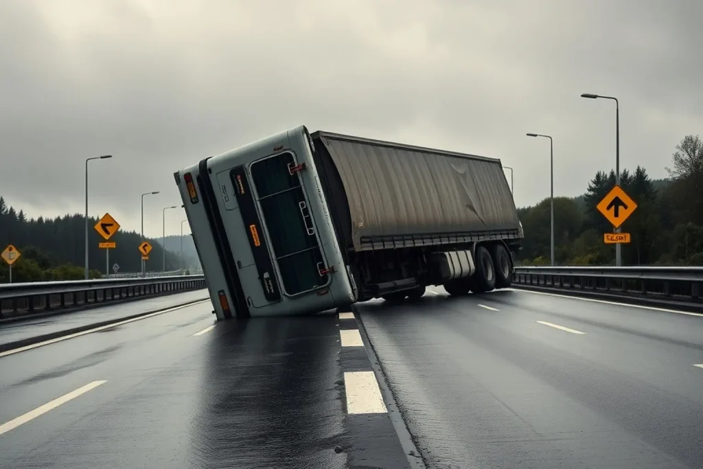 Un camión vuelca en la A 6 de Becerreá y cae en un carril ya cerrado