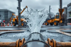 Un chorro de agua de varios metros detiene las obras de la avenida de Portugal e