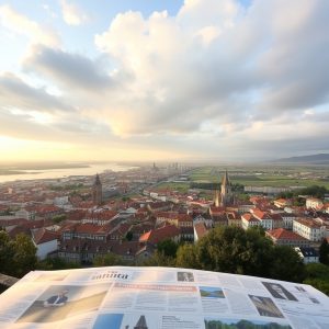 Panorámica de Galicia con periódico editorial por la mañana